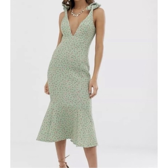 ASOS Dresses & Skirts - ASOS Pastel Floral Green Mermaid Dress V-neck midi Feminine Bows Cottagecore 4